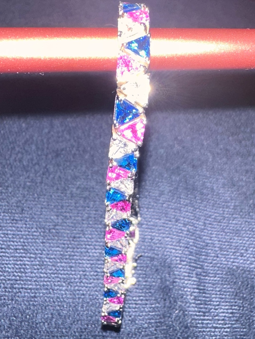 Suzanne Somers Silver 8” Bracelet with Pink, Blue & clear trillion cut stones - Picture 3 of 7